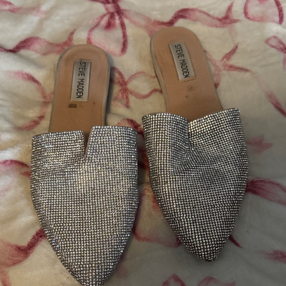 Steve Madden Silver Crystal Embellished Pointed Slide Mules